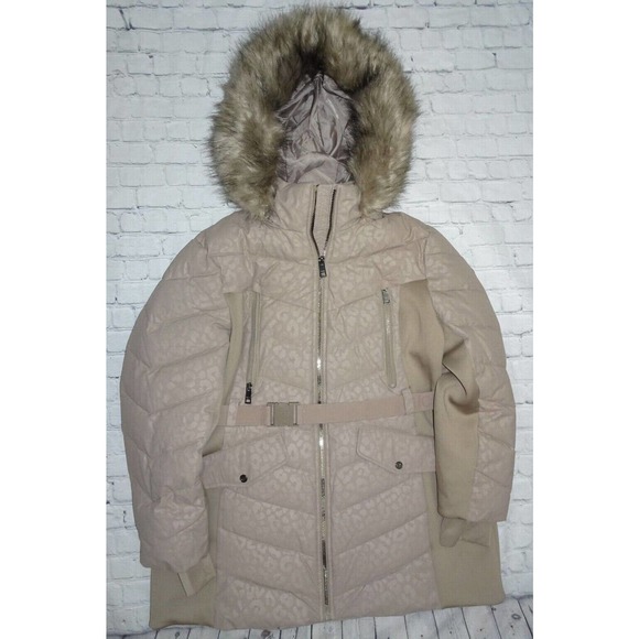 Michael Kors Jackets & Blazers - Michael Kors Women's Puffer Coat with Fur Hood, Tan Animal Print, Size XL